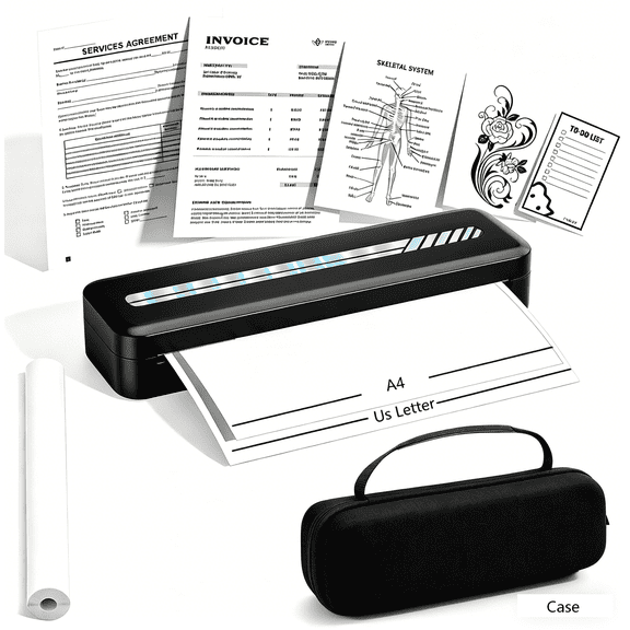 Portable Printer, A281 Inkless Printer, Bluetooth Wireless Printer, travel-friendly design. Compatible with 8.5 x 11 inches US letter and A4 thermal paper. Works with mobile phones and laptops.