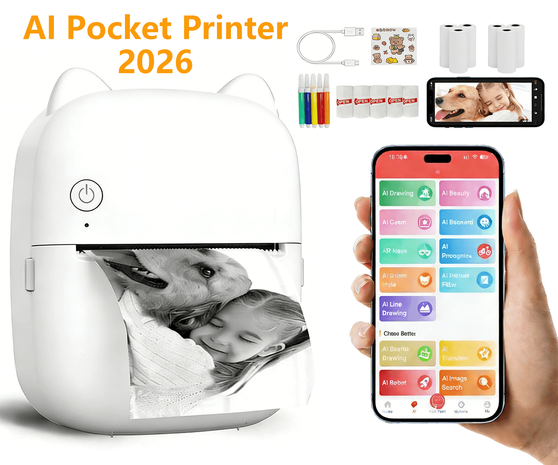 Portable Printer, AI Mini Pocket Wireless Bluetooth Thermal Printers with 11 Rolls Printing Paper for Android iOS Smartphone, BT Inkless Printing Gift for Label Receipt Photo Notes Study Home Office