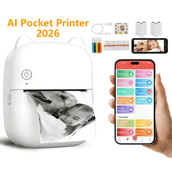 Portable Printer, AI Mini Pocket Wireless Bluetooth Thermal Printers with 11 Rolls Printing Paper for Android iOS Smartphone, BT Inkless Printing Gift for Label Receipt Photo Notes Study Home Office