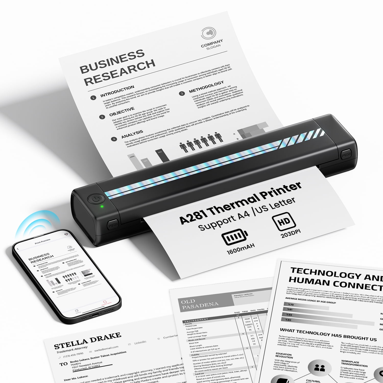 Portable Printer, Thermal Printer, Portable Travel Printer, 203DPI Inkless Thermal Printer, Wireless Mobile Printer Supports 8.5"x11" US Letter & A4 Thermal Paper, Small for home Printer Compatible W