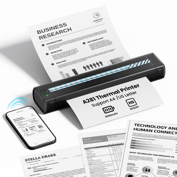 Portable Printer, Thermal Printer, Portable Travel Printer, 203DPI Inkless Thermal Printer, Wireless Mobile Printer Supports 8.5"x11" US Letter & A4 Thermal Paper, Small for home Printer Compatible W