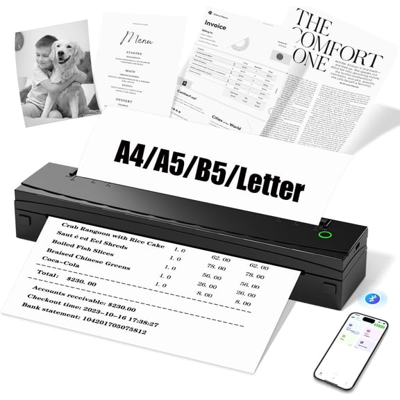 Portable Printer Wireless for Travel, D80 Thermal Printer, Inkless Printers, Compatible with iOS, Android, Laptop, Supports 8.5" x 11" US Letter & A4 & A5 for Home Use, Office, Vehicles, Black