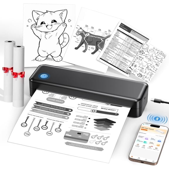 Portable Printer Wireless for Travel  Inkless Thermal Printer, Supports 8.5x11 Inch Paper, Bluetooth Compatible with iOS/Android/Laptop, Includes 2 Rolls + 10 Sheets Paper Kit