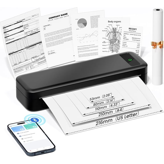 Portable Printers Wireless for Travel, A285M Small Inkless Thermal Printer, Bluetooth Mobile Printer Support 8.5" X 11" Letter & A4 Paper, Compatible with iPhone Laptop Home Office Receipt