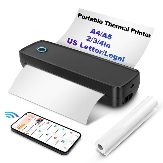 Portable Printers Wireless for Travel, Bluetooth Thermal Printer Support 8.5" X 11" US Letter, Inkless Printer for A4 Thermal Paper, Compatible with Android iOS & Laptop for Office Car Home, Black
