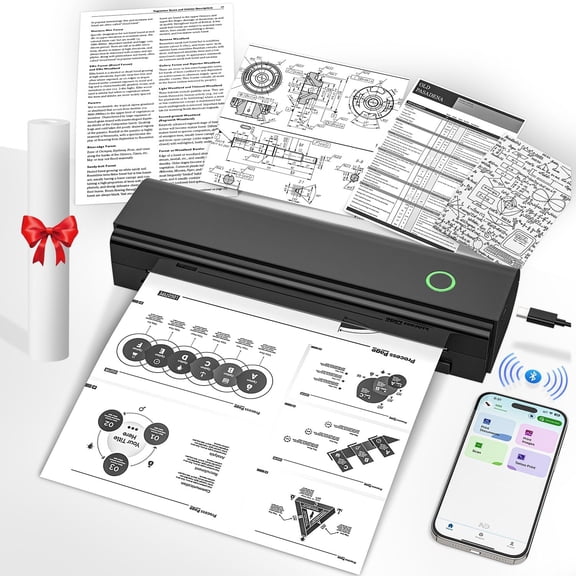 Portable Printers Wireless for Travel, Bluetooth Thermal Printer Supports 8.5" x 11" US Letter & A4 Size, Inkless Mobile Work with Android iPhone Laptop Home Office School, Black
