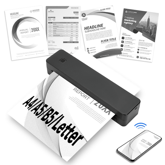 Portable Printers Wireless for Travel, Small Inkless Thermal Printer, Bluetooth Mobile Printer Support 8.5" X 11" Letter & A4 Thermal Paper, Compatible with iPhone Laptop for Home Office Receipt