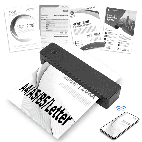 Portable Printers Wireless for Travel, Small Inkless Thermal Printer, Bluetooth Mobile Printer Support 8.5" X 11" Letter & A4 Thermal Paper, Compatible with iPhone Laptop for Home Office Receipt
