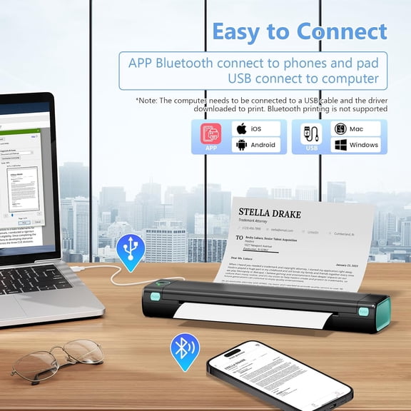Portable Printers Wireless for Travel, Wireless Thermal Printer Supports 8.5" x 11" US Letter, Small Bluetooth Inkless Printer Compatible with iOS, Android, Laptop for Car, Office, Home