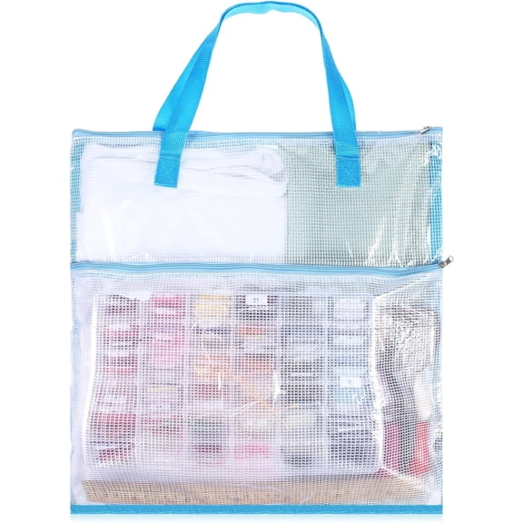 Portable Project Bags 16 x 16 Inch Craft Bag Organizer Tote with Handles Needlepoint Project Bag with Zipper and Double Pockets Transparent Mesh Zipper Pouch for Quilters Knitting Stitching Craft