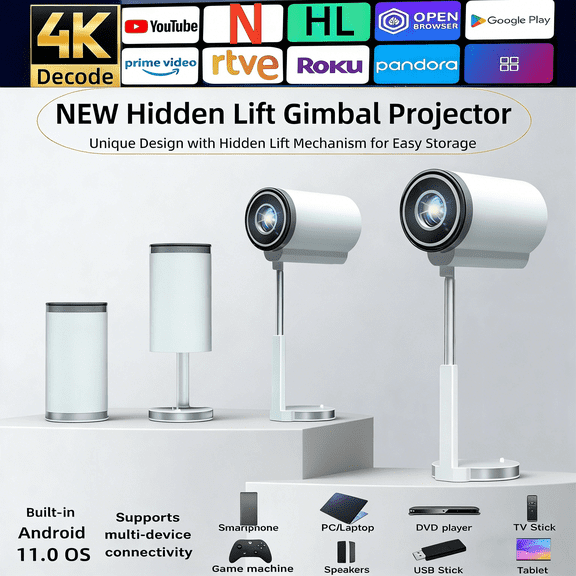 Portable Projector 4K 1080P Support, Mini Projector Smart for Movie Projection Compatible with Phone/TV Stick/Laptop