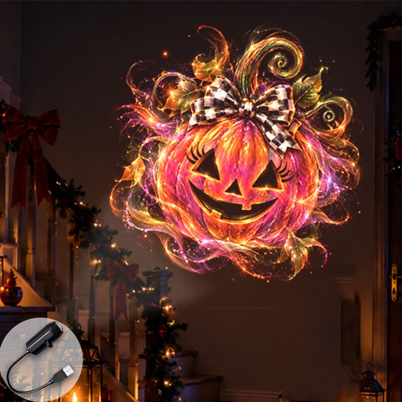 Portable Projector Lamp Checkered Bow Pumpkin Flame Projection for Home Wall Festive Display
