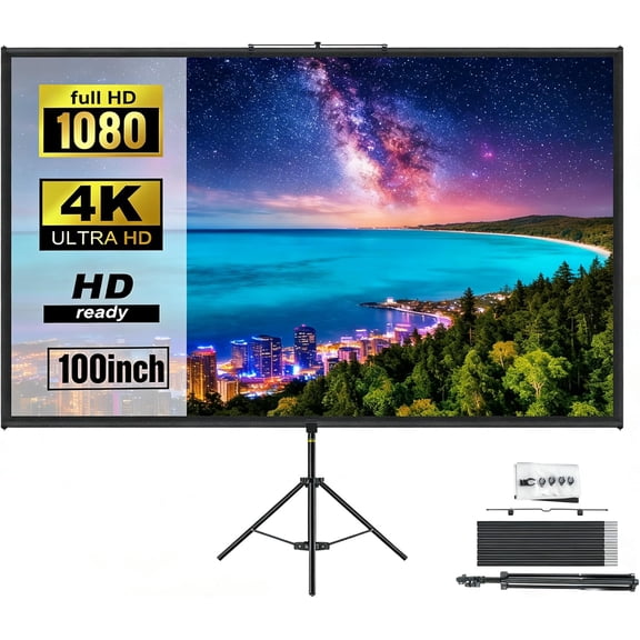 Portable Projector Screen with Tripod Stand, Indoor and Outdoor Movie Screen, 80in Projection 16:9 Mobile Home Theater Background 4K Display Washable Pleat-Free Polyester