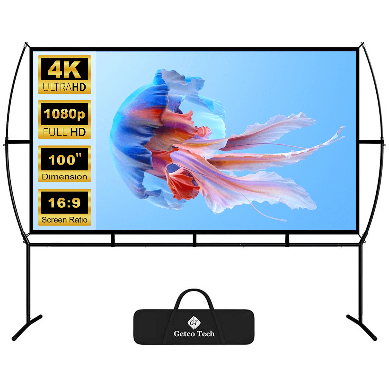 GT GETCO TECH Outdoor Projector Screen with Stand Portable Projection Screen with Carry Bag Indoor Movie Screen for Home Theater 100 inch