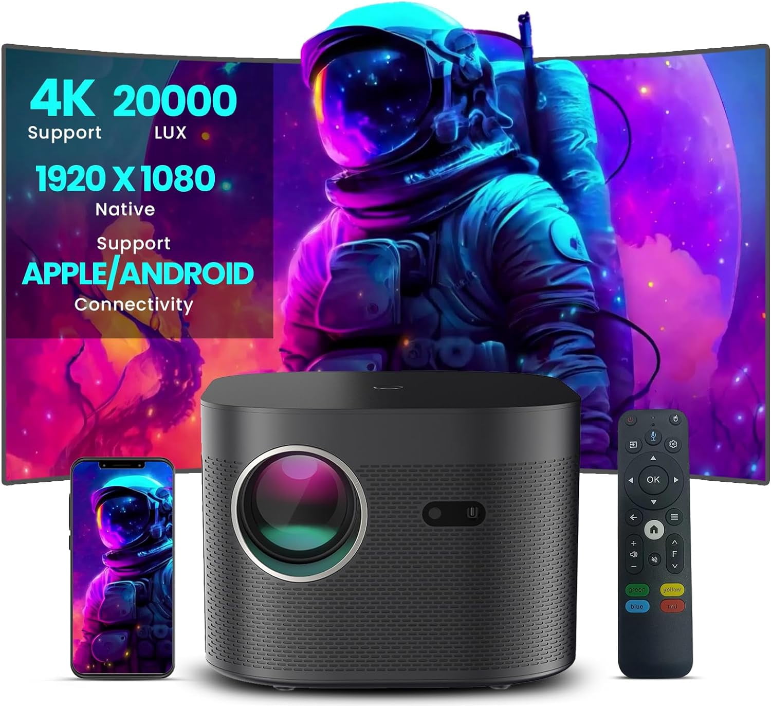 Portable Projector with WiFi and Bluetooth, 4K 1080p Support, Indoor/Outdoor Movie Projector