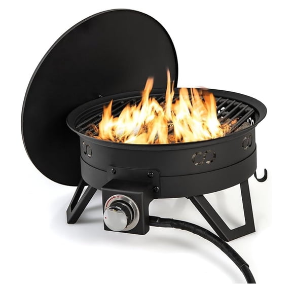 Portable Propane , 17" Small Outdoor Fire Bowl w/Foldable Legs, Round Fireplace with Lid, Removable Grill, Carry Bag, Lava Rocks, 58000 BTU Smokeless Gas Firepit for Outdoor Camping