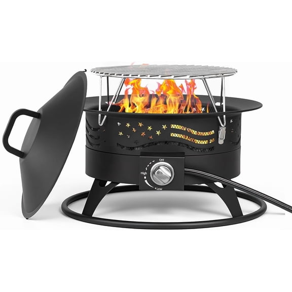 Portable Propane Fire Pit, 20 Inch Smokeless Gas Fire Pit Bowl for Outside, 60,000 BTU Outdoor Firepit with Grill Grate & Lid for Camping, Patio, Yard, Garden