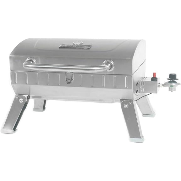 Portable Propane Gas Grill - Stainless Steel Cooking Surface, 208 sq. in. Cooking Space, 10,000 BTU Burner, Easy Push-Button Ignition, Folding Legs and Locking Lid