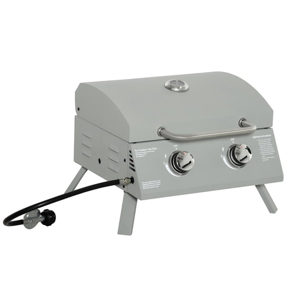 Portable Propane Gas Grill with Foldable Legs, 2 Burner BBQ for Camping and Backyard, Light Grey Steel Tabletop Grill with Thermometer