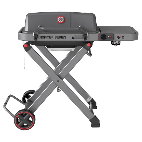 Feasto Roamer Series Propane Grill with Folding Cart, 13000 BTU, 360 Sq in Cast Iron Grates & Side Table，Gray
