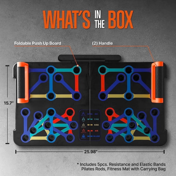 Portable Push Up Board - Bars Includes 5 Resistance Bands, Bag, and Pilates Rod - Work Out Equipment for Home Gym for Full Body - Strength Training Equipment Handles - Capacity 1,100 LBS