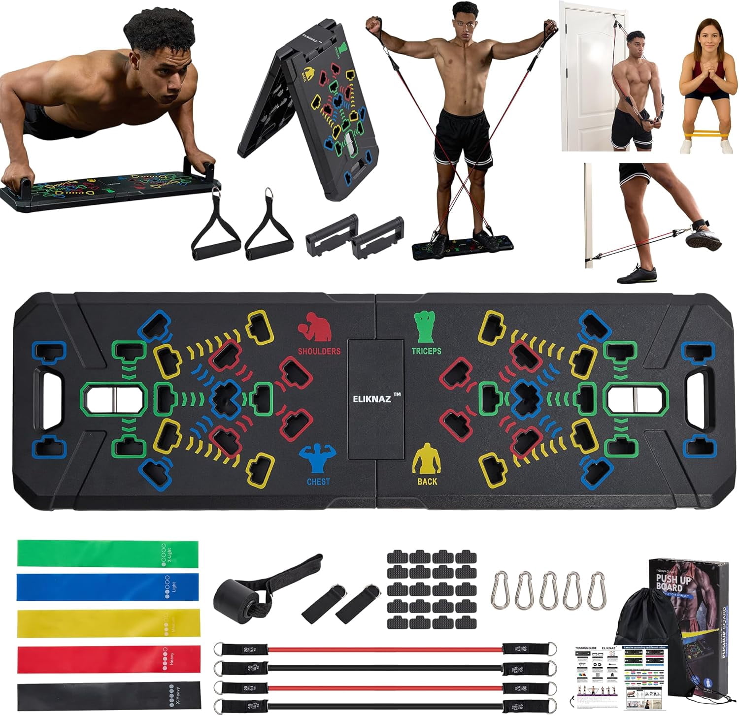 Portable Push Up Board Gym Kit 25-in-1, Foldable Push Up Station & Exercise Board Workout Set with 18 Accessories, Resistance Bands & Handles, Ankle Straps for Men, Women & Teens