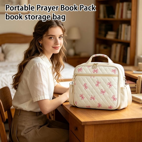 Portable Quilted Padded Book Storage Bag With Detachable Shoulder Strap, Cute Pink Bow Print Dustproof Bible Prayer Book Carry Case Multi Pocket Zipper Tote For Women Church Travel Daily