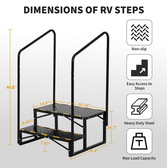 Portable RV Entry Steps with Handrails, Heavy-Duty Non-Slip Metal Camper Stairs, Removable Dual Armrest Rails, 660 lb Capacity, for Travel Trailer/Mobile Home - Double armrest 2-step