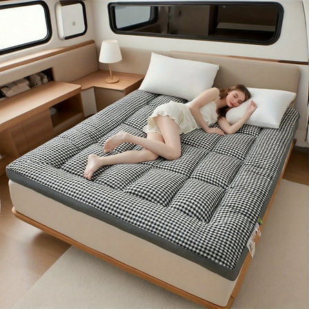 Portable RV Sleeping Pad - Thick Foldable Futon Mattress, Non-Slip Camping Guest Bed, Fits Twin/ Queen (Black Grid Design)