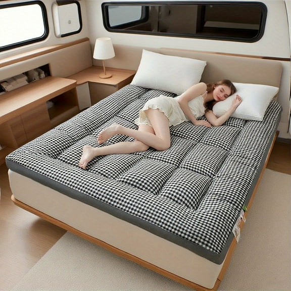 Portable RV Sleeping Pad - Thick Foldable Futon Mattress, Non-Slip Camping Guest Bed, Fits Twin/ Queen (Black Grid Design)