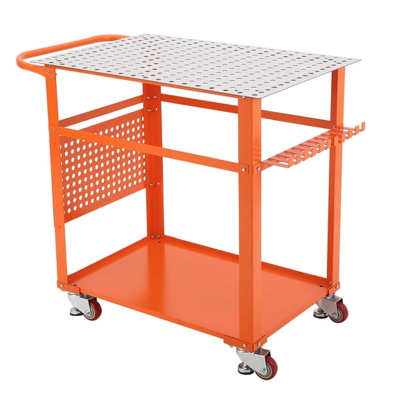 Portable RV Table Heavy Duty 36" x 24" Steel Workbench with Wheels, Handle, Storage Board, 600 lb Capacity, 5/8-Inch Fixture Holes, Tool Slots