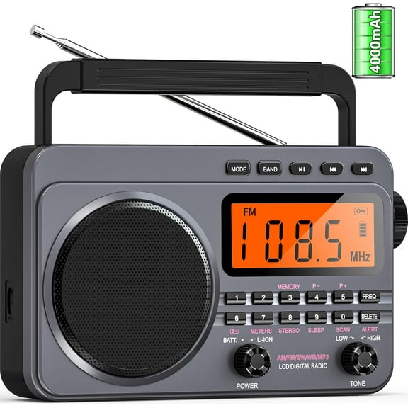 Portable Radio with Best Reception, 4000mAh Rechargeable Digital Radio AM FM Portable with SD Card/USB Playback, Digital Tunner, Big Speaker, LCD Screen(Grey)