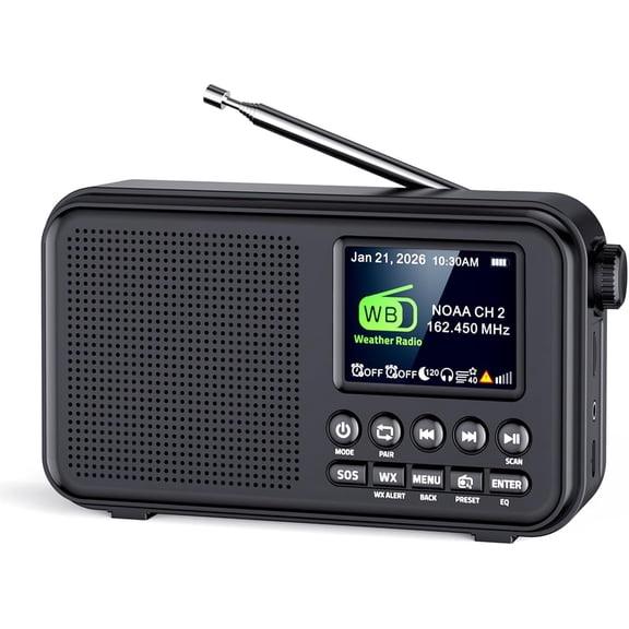 Portable Radio FM with Bluetooth, NOAA Weather Alert & 2.4" Color Display for Home, 8W Clear Sound, 3000mAh Rechargeable Battery, Sleep Timer, MicroSD Playback, Headphone Jack, Black