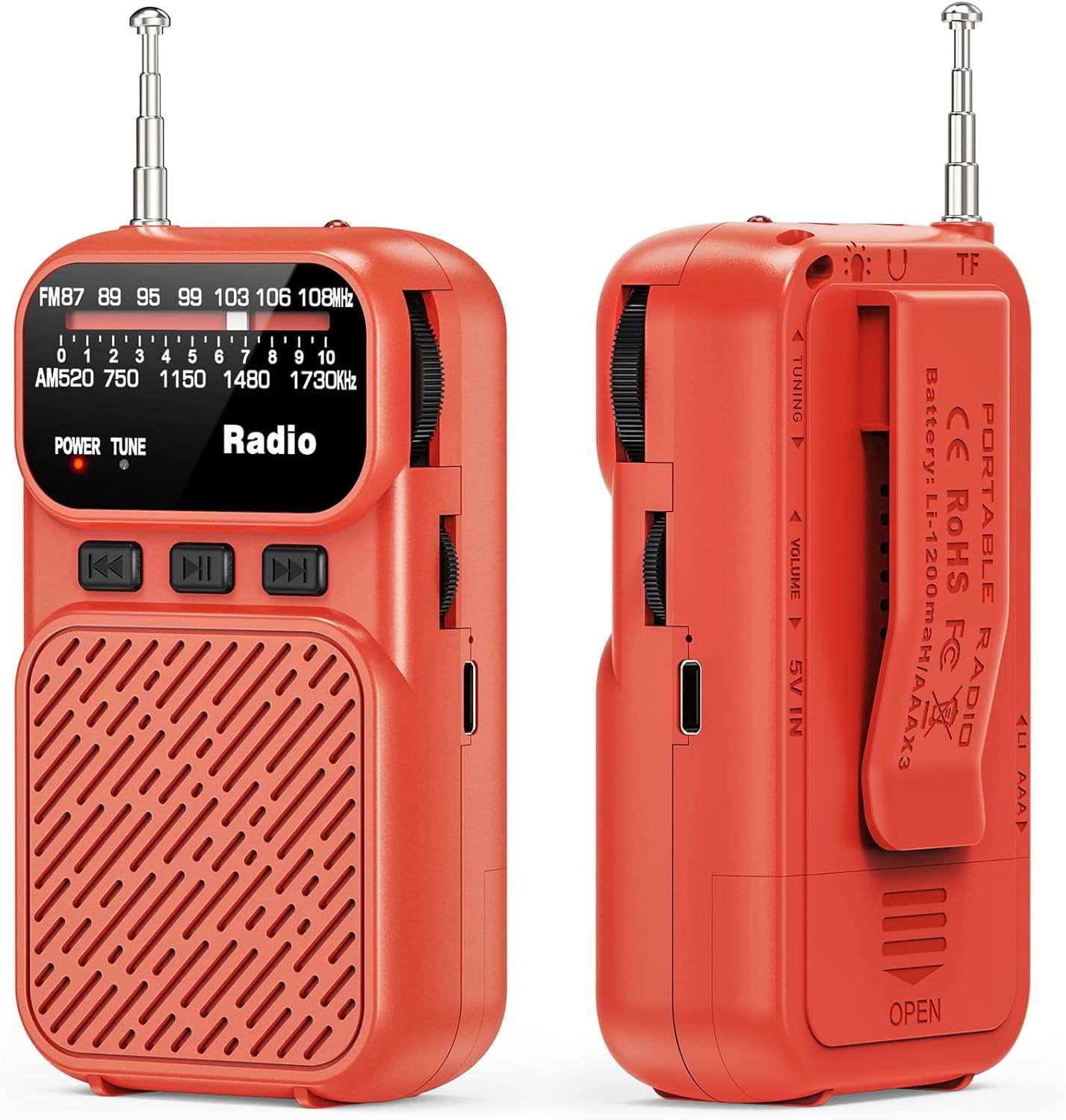 Portable Radio AM FM,Mini Tansistor Radio,Pocket Radio with Flashlight,Tuning Knob,TF Card Slot,Headphone Jack, 3AA Battery Operated or Plug in Wall,Compact Personal Radios for Gift,Family,Elder,Red