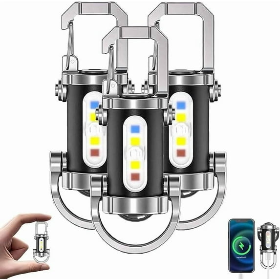 Portable Rechargeable Bright Keychain Flashlight Phone Charger, 1200 Lumens Waterproof Mini EDC Compact Keychains Flashlight, LED USB Torch Light with 7 Modes Type-C for Outdoor Camping(3pcs)