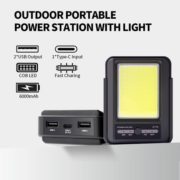 Portable Rechargeable COB LED Work Light, 20W Camping Lantern with 6000mAh Power Bank, USB-C Charging, Wall Mount Bracket, Emergency Flashlight for Camping, Outdoor, Jobsite
