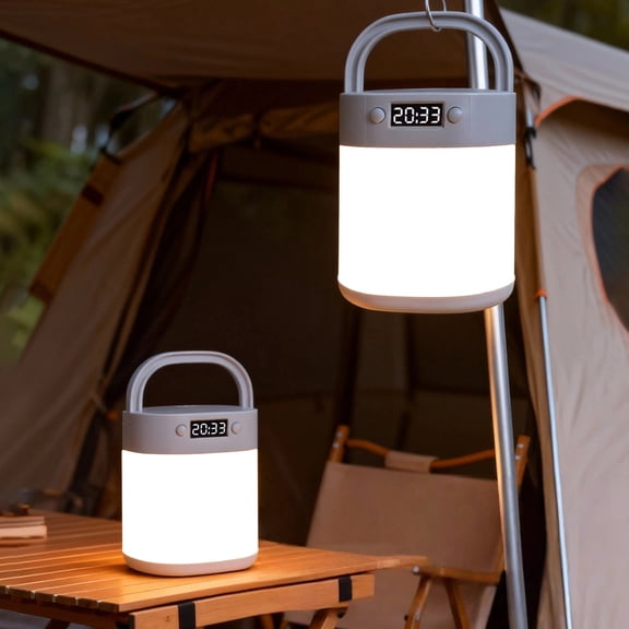 Portable Rechargeable Camping Lantern with Clock and Remote Control, 45-Day Long Battery Life, 3 Color Temperature Modes for Outdoor Emergency Use