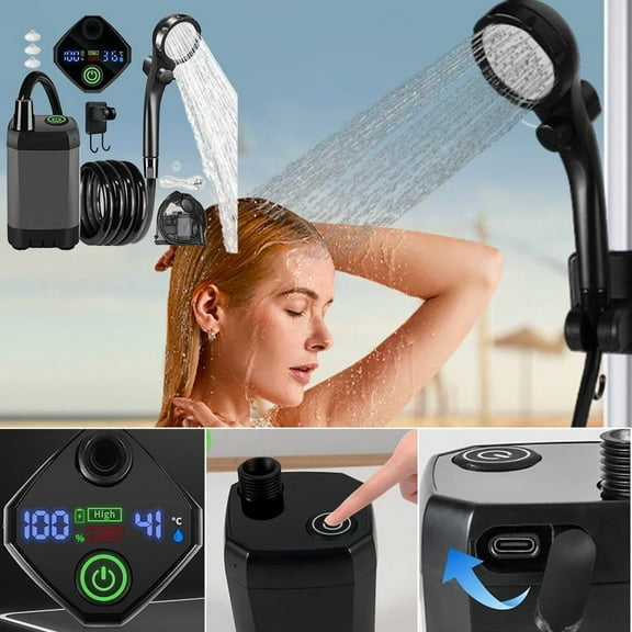 Portable Rechargeable Camping Shower Pump 6000mAh Battery | LED Display | Adjustable Flow & Temperature | Outdoor Hiking Beach Travel | Type-C Charging | IPX7 Waterproof | Pet Cleaning