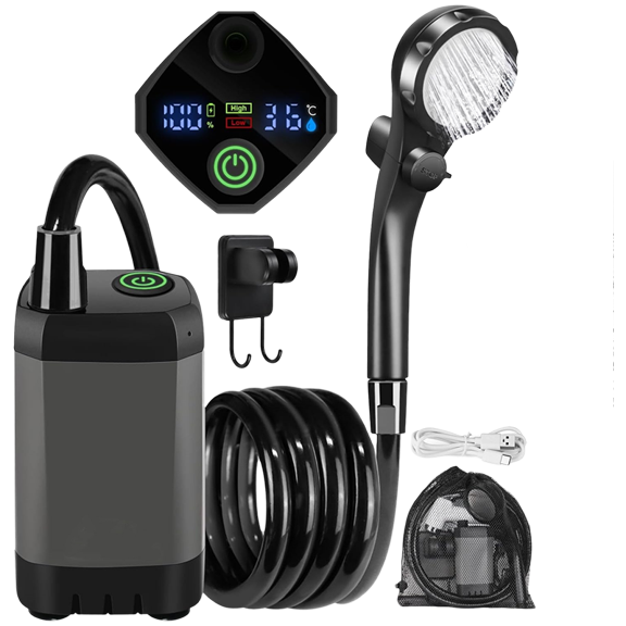 Portable Rechargeable Camping Shower Pump Outdoor Adjustable LED Display Quiet Multi-Functional Filter Easy Use For Hiking Beach Travel Pet Cleaning Backpacking