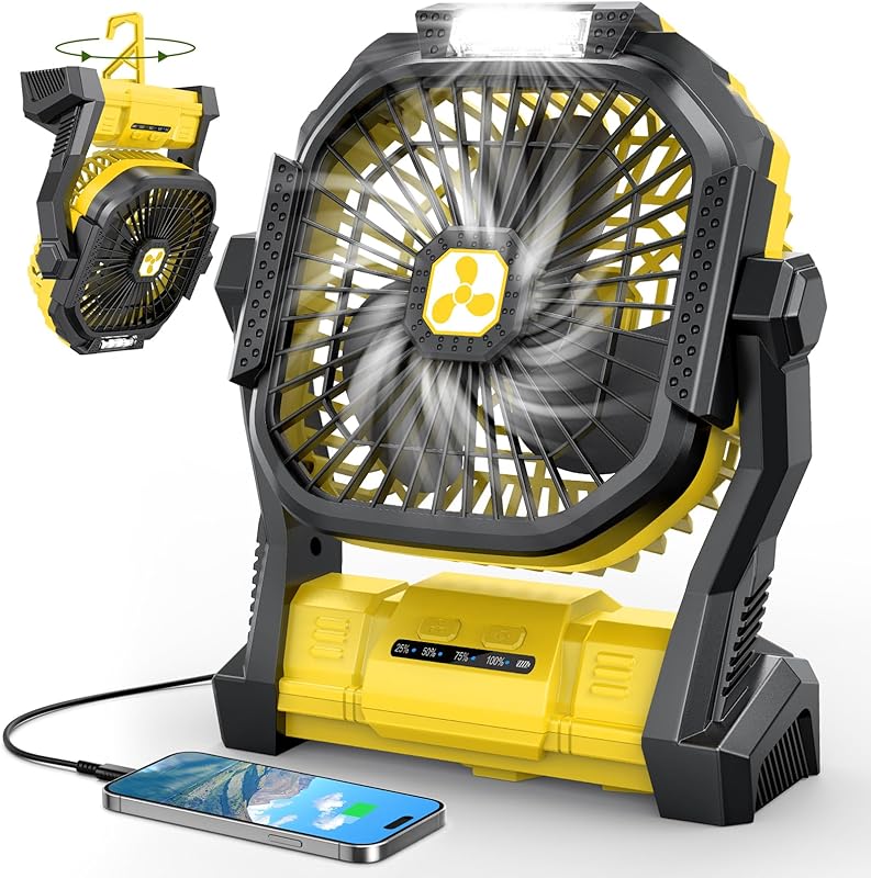 Portable Rechargeable Fan, 20000mAh Cordless Battery Powered Camping Tent Fans with LED Lantern, Small USB C Operated Outdoor Ventilador for Travel Camp Fishing Picnic Beach Office Home Essentials-wpp