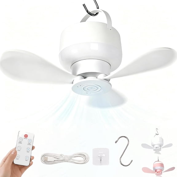 Portable Rechargeable Hanging Fan Light With Hook For Indoor Outdoor Camping Bedroom Patio RV Emergency