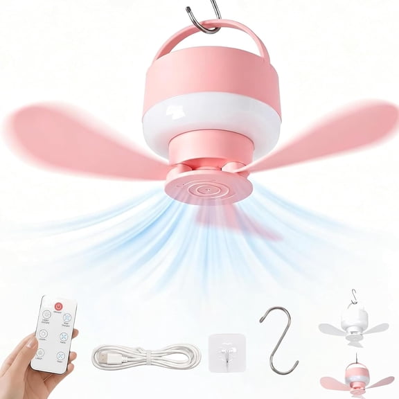 Rechargeable Hanging Fan Light, Portable, Indoor Outdoor, with Hook