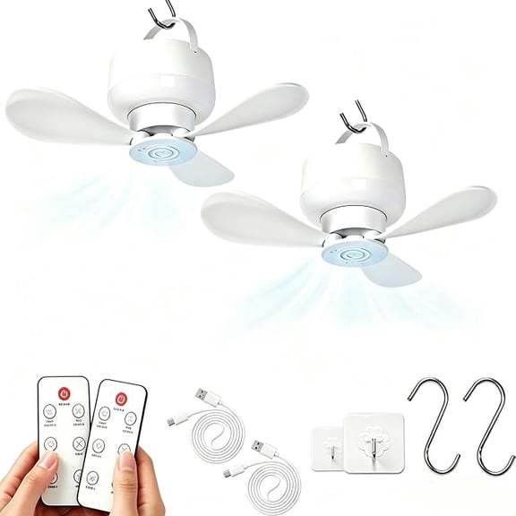 Portable Rechargeable Hanging Tent Fan with LED Light and Remote Control, 5-Speed 12H Timer USB Ceiling Fan for Camping RV Bedroom, 2-Pack White (k)