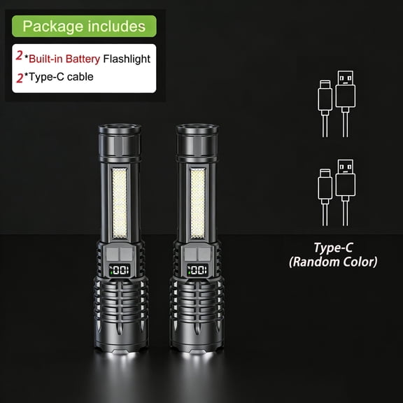 Portable Rechargeable High Power LED Flashlights With Display Screen Zoom Tactical Torch Lamp with Emergency Side Lights Lantern