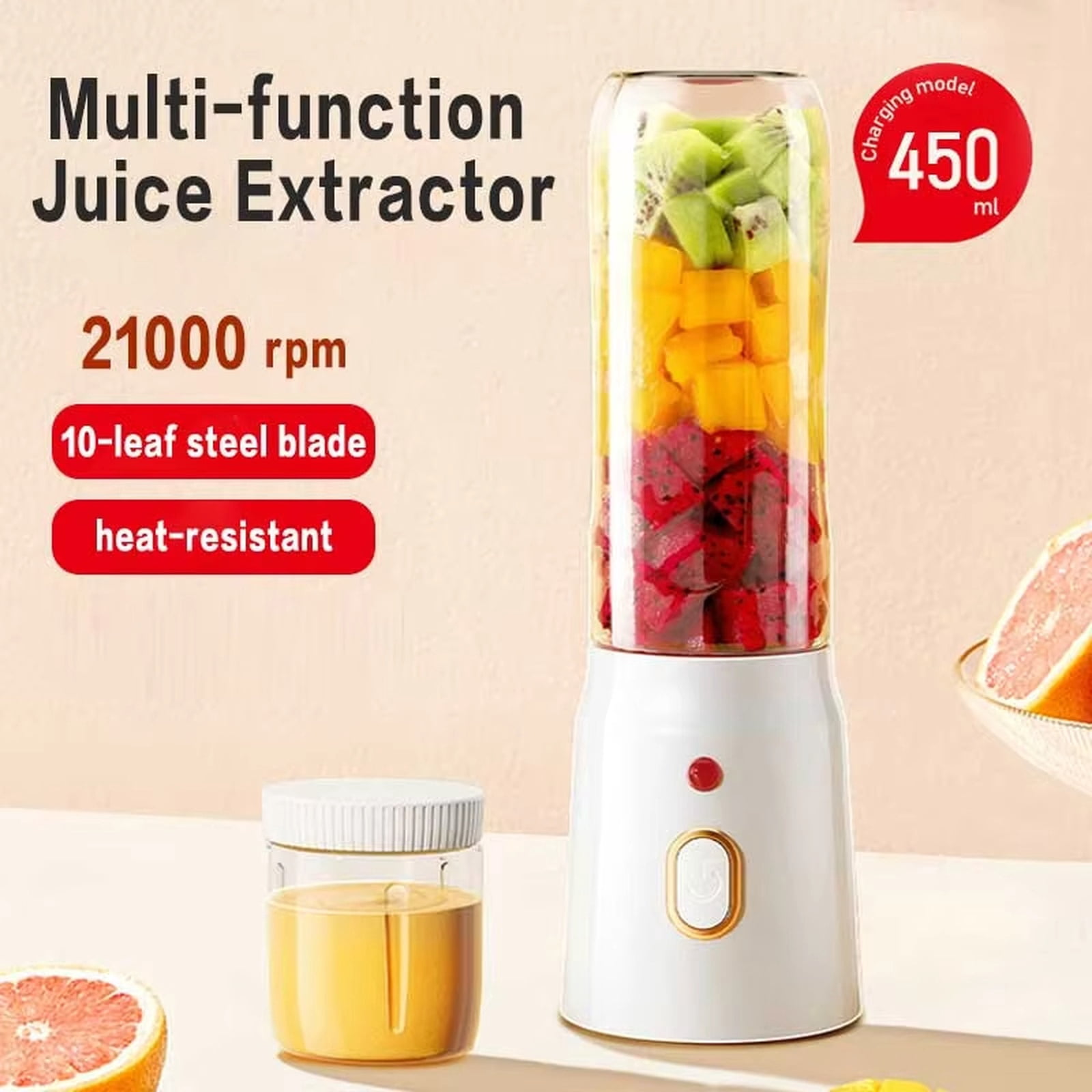 Portable Rechargeable Juicer Cup, 10.2 Inch Mini Blender for Smoothies, Shakes, Baby Food, USB Charging, Household Fruit Juice Maker, White