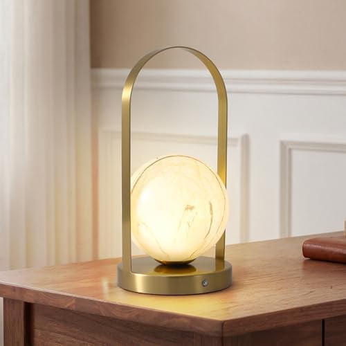 Portable Rechargeable Table Lamp with Marble Pattern Glass Shade Gold Plated Metal Frame, Cordless LED Desk Light for Bedroom, Nursery, Camping$$Tools & Hardware Other