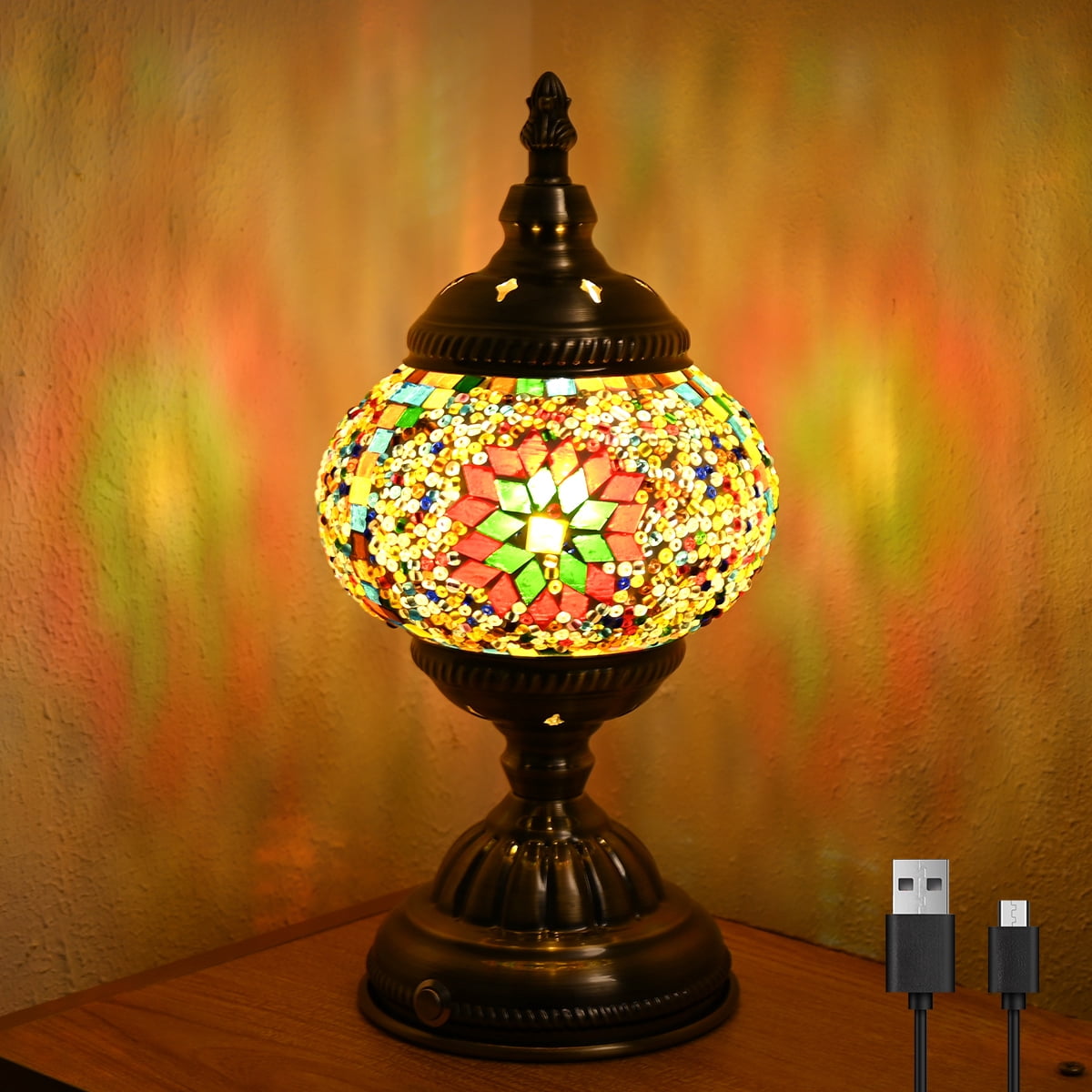 Portable Rechargeable Turkish Bronze Base Table Lamp, 6000mAh Dimmable Handmade Moroccan Tiffany Style Colorful Mosaic Glass Night Stand Light Fixture for Living Room Bedroom Home Decor