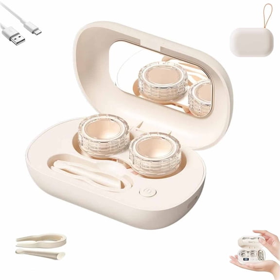 Portable Rechargeable Ultrasonic Contact Lens Cleaner Case, Compact Deep Cleaning Device, Contact Lens Cleaner Machine with 3-Minute Cycle, Mirror & Tweezers for Travel, Office