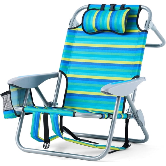 Portable Reclining Chair for Adults Outdoor Camping Lay Flat Folding with 5 Positions Headrest Zipper Pouch Cup Holder Color New Striped