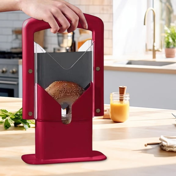 Portable Removable Bread Bagel Slicer, Rvkxad Bagel Cutter for Every Toaster, Non-Slip Guillotine Slicing Tool Even Cuts Clean Crumb Tray, Red